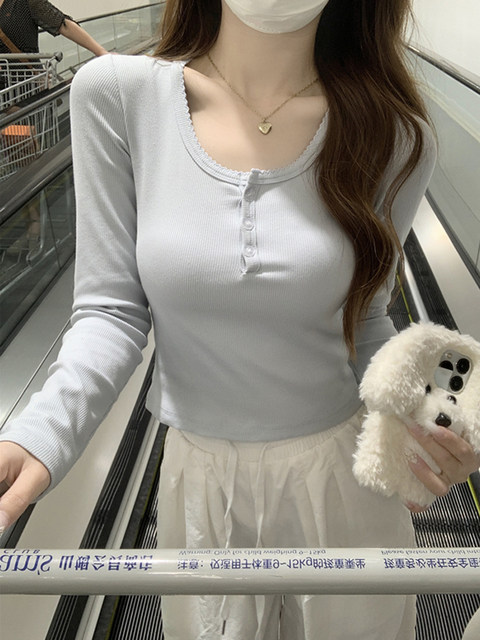 Be careful with square collar button-down long-sleeved T-shirt for women 2025 autumn petite slim fit versatile short crop top