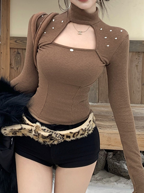 Sexy Hot Girl Hollow-Out Half-High Collar T-Shirt for Women, 2026 Spring, Brushed Design, Niche Style, Elegant Outerwear Top ins