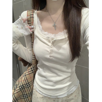 Sweet Girl Color-Block Lace Floral Long-Sleeve T-Shirt for Women, New Autumn Style with Button Pleats and Unique Design