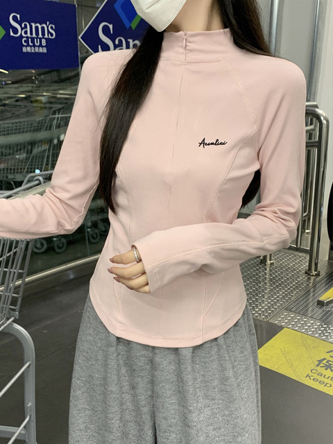 Designed with a Fishbone Waist-Cinching Effect, Slimming Long-Sleeve T-Shirt for Women, 2025 Autumn, Unique Half-High Collar with Zipper, Outerwear Top ins