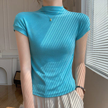 Basic Simple High-Neck Ribbed Cotton T-Shirt for Women, Blue, Early Autumn New Style, Korean Version, Slim Fit, Mid-Neck Base Shirt ins