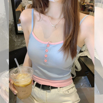 Sweet and Spicy Style, Contrasting Color Fake Two-Piece Camisole for Women, Summer Chic with Chest Pads, Short Button-Up Sleeveless Top