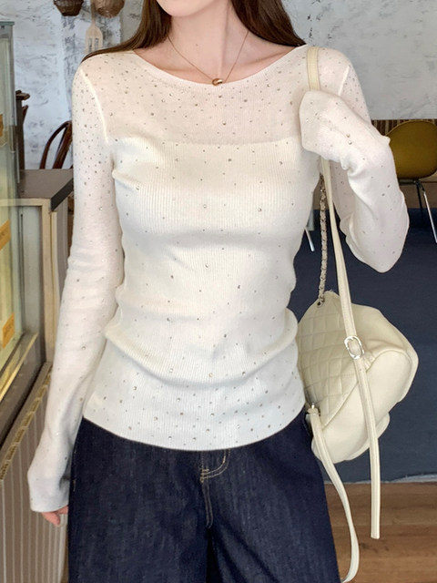 Women's Base Layer with a High-End Feel, Can Be Worn Outside, See-Through, Off-Shoulder, Sparkling Diamond Knit Top, Simple, Unique, Beautiful, Trendy Top
