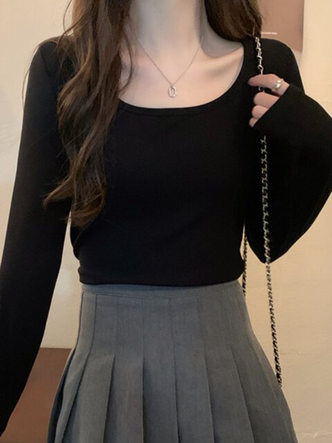 Basic Gray Ribbed Long-Sleeved Top That Exposes the Collarbone, Women's Early Autumn New Korean Style Slim Fit Short Top