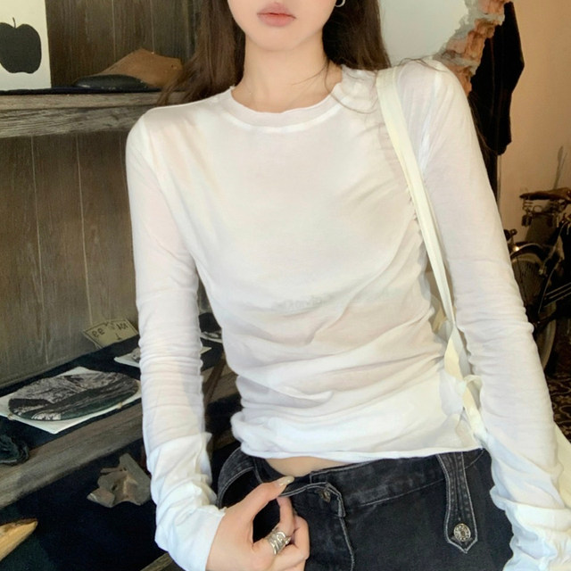 Chic Rolled-Edge Round-Neck Long-Sleeve T-Shirt for Women, New Spring and Autumn Thin Style, Simple White Slim-Fit Base Shirt ins