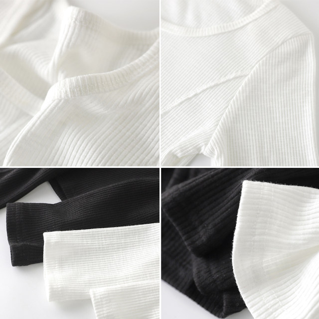 Trendy Shoulder-Padded Patchwork Brushed Ribbed Cotton Long-Sleeve T-Shirt for Women, New Autumn and Winter Slim-Fit Versatile U-Neck Base Shirt, Short Style