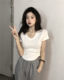 Pure Desire Style V-Neck Short-Sleeve T-Shirt for Women, White, Petite Size, New Summer Korean Version, Slim Fit, Irregular Top, Short Trendy Style