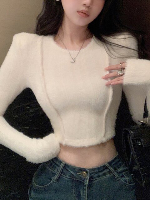 Niche Round-Neck Women's Sweater Base Shirt 2025 Autumn and Winter New Style Hot Girl Fleece-Lined Crop Top Long-Sleeve Outerwear
