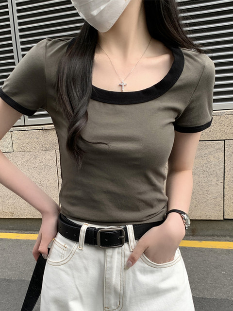 2025 Spring/Summer New French Style Square Neck Short Sleeve T-Shirt for Women, Color Block Versatile Korean Chic Short Top