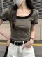 2025 Spring/Summer New French Style Square Neck Short Sleeve T-Shirt for Women, Color Block Versatile Korean Chic Short Top