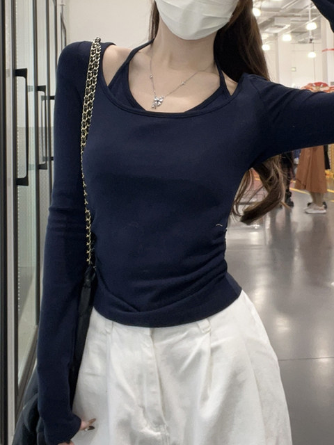 Pure and Gentle Style Inner Wear Long-Sleeve T-Shirt for Women 2025 Autumn and Winter Halter Neck Fake Two-Piece Design Pleated Short Top