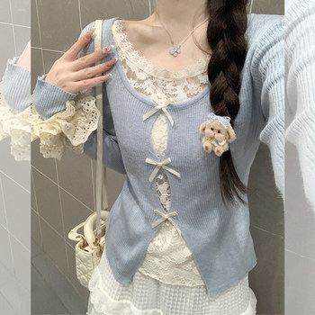 Lace Splicing Fake Two-Piece Bow Square-Neck Knit Top for Women, Super Pretty and Unique with a High-End Feel, Stunning Top for Autumn