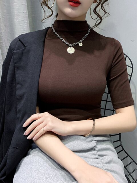 Half-High Collar, Regular Shoulder, Short-Sleeve T-Shirt for Women, European Style, 2023 Spring and Autumn New Korean Version, Slim-Fit Half-Sleeve Base Shirt Top