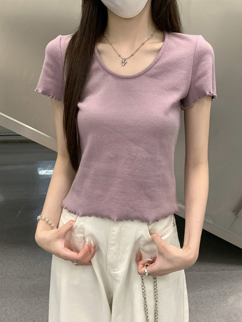 Korean Style Sweet Versatile Short-Sleeve T-Shirt for Women, Summer 2025 New Model, Small U-Neck with Unique Ruffled Edges, Slimming and Elegant Top