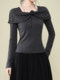Dark Gray Stylish Floral T-Shirt for Women, Winter Ins Niche High-End Versatile Short Knit Base Shirt