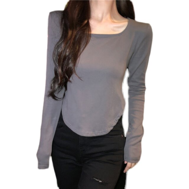 Irregular Hem U-Neck Long-Sleeve T-Shirt for Women, White, 2023 Early Autumn New Korean Style Slim-Fit Base Shirt, Thin Top