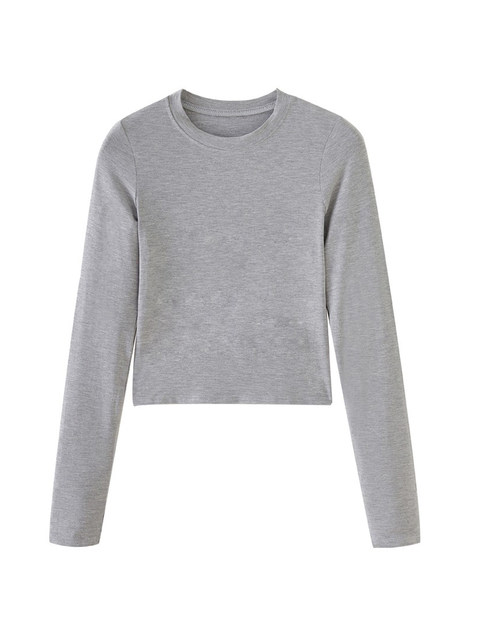 Gray Round-Neck Slim-Fit Long-Sleeve Base Shirt T-Shirt for Women, Autumn and Winter Spicy Girl Style, Stylish and Elegant Inner Wear, Tight-Fitting Short Top