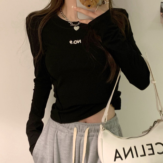 Korean Style Three-Dimensional Letter Round Neck Long-Sleeve Base Shirt for Women, New Autumn and Winter Unique Brushed Slim-Fit Short Top