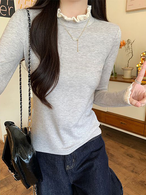 Brushed Half-High Collar Lace Trim Base Shirt for Women, Autumn French Style, Unique Slim-Fit Long-Sleeve Top