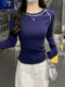 Fashionable Casual Versatile Round-Neck Base Shirt for Women, 2026 Spring, with Raglan Sleeves, Stylish Design, Slim Fit, Dark Blue Top