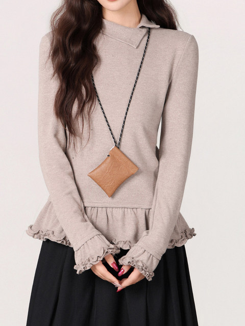 Hong Kong Style Retro Half-High Collar Ruffled Lace T-Shirt for Women, Autumn and Winter, Regular Shoulder, Slim Fit, Super Pretty and Unique Top ins