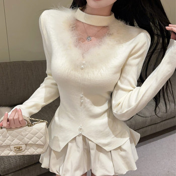 Purely Desirable Hot Girl Chic Furry Halter Neck Hollow Out Sweater Women's Autumn Winter French Style Irregular Knitted Top