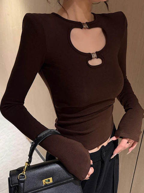 Pure Desire Style, Fleece-Lined, Warm, Stylish Long-Sleeve T-Shirt for Women, Autumn and Winter, Hollow-Out, Unique, Super Pretty, Distinctive and Beautiful Top