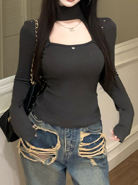 Sexy Hot Girl Hollow-Out Half-High Collar T-Shirt for Women, 2026 Spring, Brushed Design, Niche Style, Elegant Outerwear Top ins