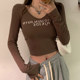 Pure Desire Style V-Neck Collarbone-Exposing Long-Sleeve Base Shirt for Women 2024 Autumn Hot Girl Letter Print Slim-Fit Short Top