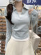 Korean Style Sweet and Elegant Slim-Fit Long-Sleeve T-Shirt for Women, 2026 Spring High-End Faux Two-Piece Color-Block Polo Collar Top