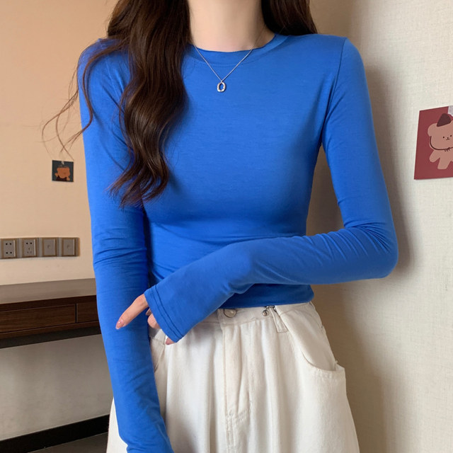 Korean Style Round Neck Klein Blue Long-Sleeved Bottoming Shirt for Women, New Autumn and Winter Style, Chic Slim Fit Modal Top
