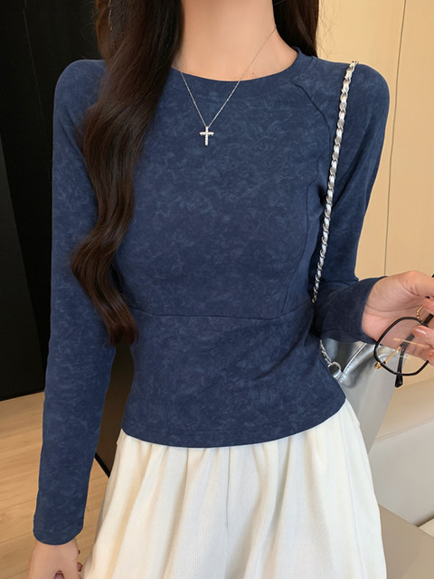 Korean Style Hot Girl Long-Sleeved Base Shirt with Tie-Dye Design T-Shirt for Women 2025 Early Autumn Fishbone Splicing High-End Short Top