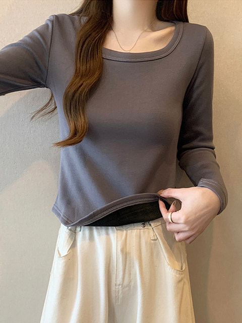 Fleece-Lined, Thickened, Warm Long-Sleeve T-Shirt, Base Layer for Women, 2024 Autumn and Winter, Irregular Hem, Gray, High-End Feel Top