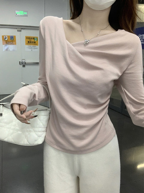 Solid Color Simple and Elegant Slim-Fit T-Shirt for Women 2025 Autumn Irregular Off-Shoulder High-End Draped Neckline Top