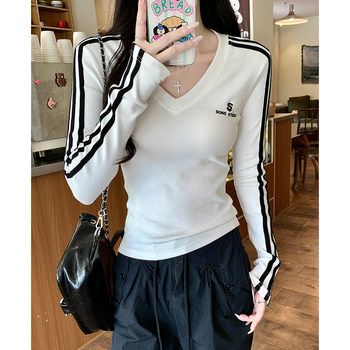 Korean Style Sporty V-Neck Striped Long-Sleeve T-Shirt for Women 2025 Early Autumn New Letter Embroidery Design Slim-Fit Top
