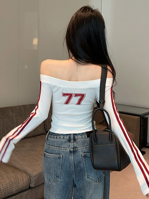 Sexy and Alluring Off-Shoulder Double-Sided Printed Base Shirt for Women, Autumn Wear, Can Be Worn in Two Ways, Slim Fit, American Style, Crop Top