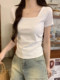 French-Style Minimalist Design That Exudes a High-End Feel, Women's Square-Neck Short Pleated T-Shirt with a Premium Feel, Short-Sleeved Base Shirt