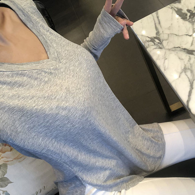 Pure Desire Style V-Neck Side Slit Modal Long-Sleeve T-Shirt for Women, New Autumn Korean Version, Loose Gray Base Shirt Top