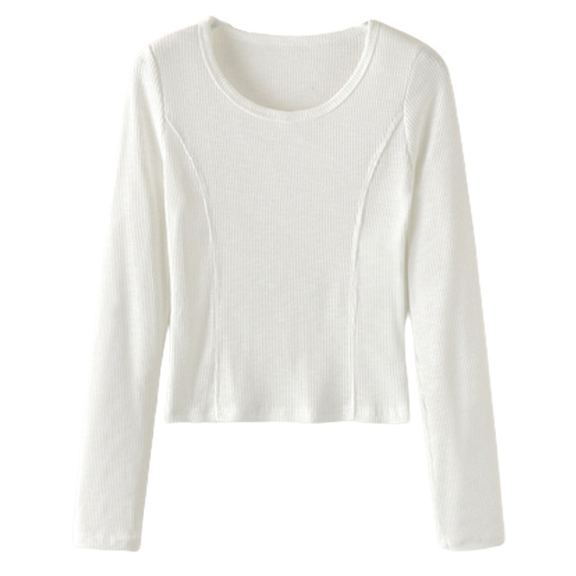 Trendy Shoulder-Padded Patchwork Brushed Ribbed Cotton Long-Sleeve T-Shirt for Women, New Autumn and Winter Slim-Fit Versatile U-Neck Base Shirt, Short Style