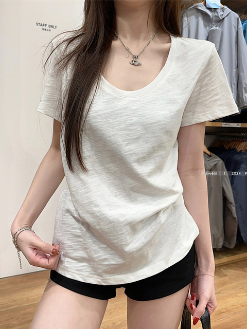 Korean Style Versatile Short-Sleeve T-Shirt for Women, 2025 Summer New Fashion Casual Regular Shoulder V-Neck Solid Color Basic Top