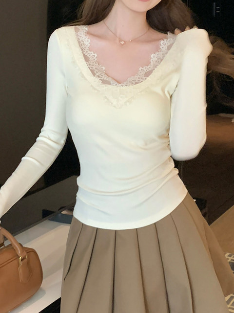 Sweet and Youthful Lace Patchwork Long-Sleeve T-Shirt for Women, New Spring Style, Slimming, High-End, Unique, Super Stylish Top, Ins