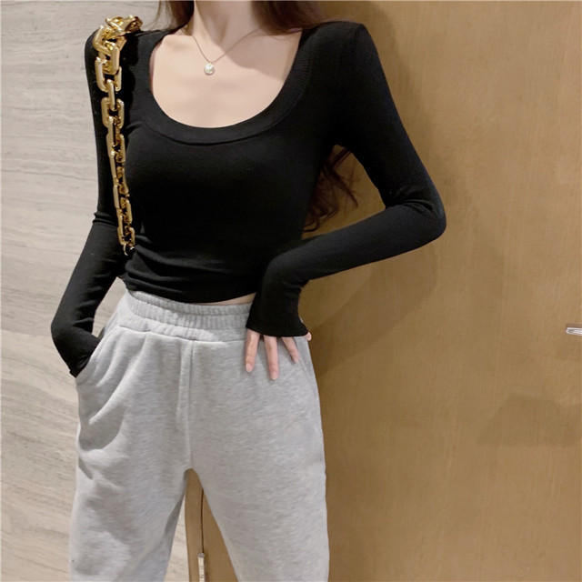 Trendy U-Neck Ribbed Long-Sleeve T-Shirt for Women, New Autumn and Winter Korean Style Slim-Fit Short Base Shirt for Layering