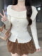 French-Style Gentle Apricot-Colored Knit Sweater for Women, New Autumn and Winter Model with Ruffled Off-The-Shoulder Neckline, High-End Niche Design That Won'T Clash with Other Outfits