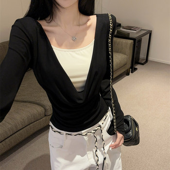 Trendy High-Elastic Slim-Fit Knit Top with Chest Pads for Women, Autumn and Winter Design with Beaded Faux Two-Piece Style and Draped Collar