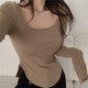 Women's Long-Sleeve T-Shirt, 2025 Autumn New Korean Style, U-Neck, Revealing Collarbone, Irregular Hem, Solid Color Base Shirt, Trendy Top