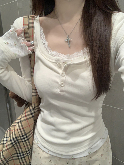 Sweet Girl Color-Block Lace Floral Long-Sleeve T-Shirt for Women, New Autumn Style with Button Pleats and Unique Design