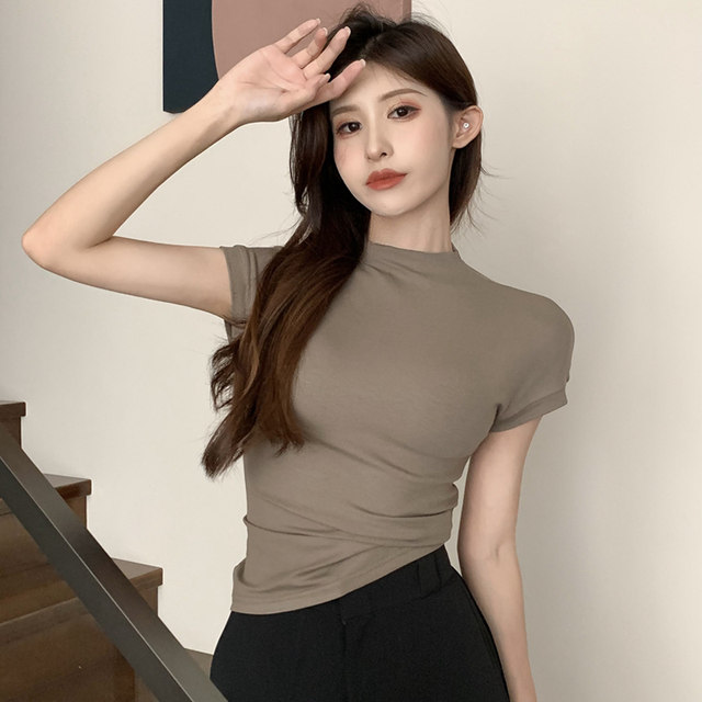Pure Desire Style Stand-Up Collar Ribbed Short-Sleeve T-Shirt for Women, New Summer Korean Version, Slim-Fit Half-High Collar Base Top, Short Style ins