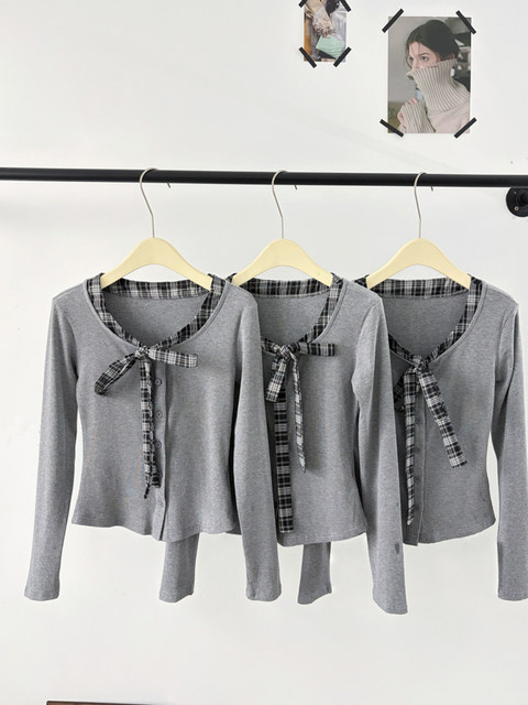 Gray High-End Faux Two-Piece Plaid Patchwork Blouse for Women, New Spring and Autumn Style with Bow Tie and Unique V-Neck Top