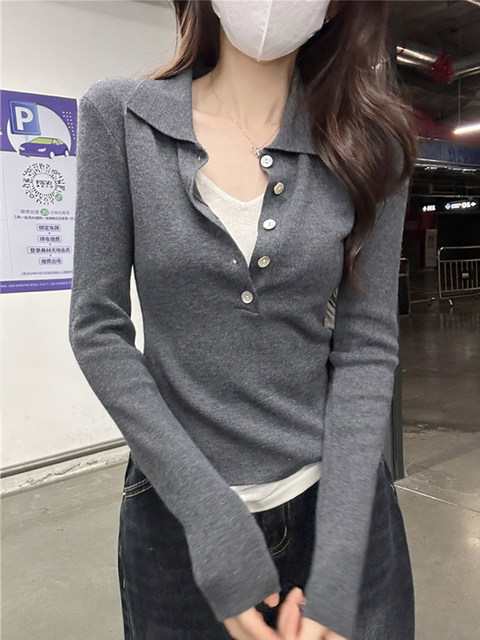 Pure Desire Hot Girl Ruched Slim-Fit Long-Sleeve Knit Top for Women 2025 Autumn Korean Version Fake Two-Piece Polo Collar Unique Trendy Top