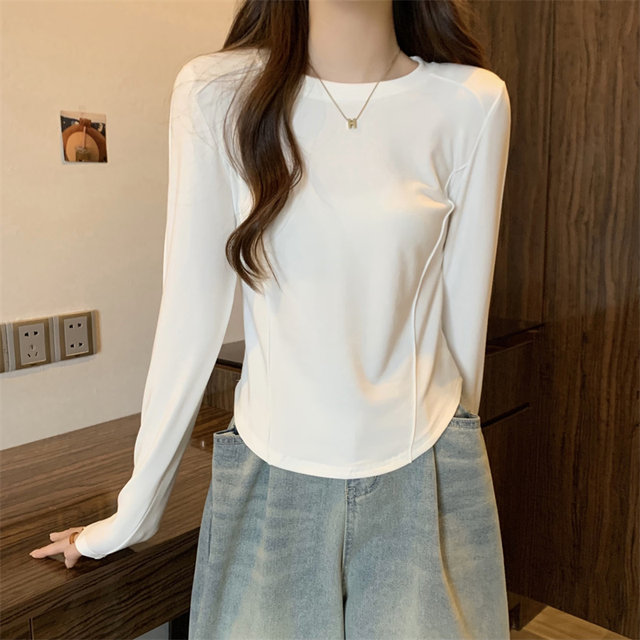 Chic Solid Color Round Neck Long-Sleeved Bottoming Shirt for Women, New Autumn Design, Curved Hem Short Top Bottoming Shirt